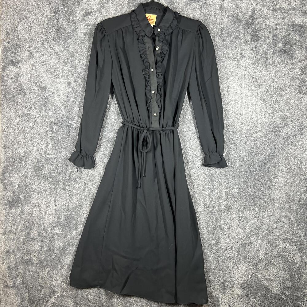 Eben Dress Womens Juniors 7 Black Shirt Dress Belted Collared Midi Chiffon